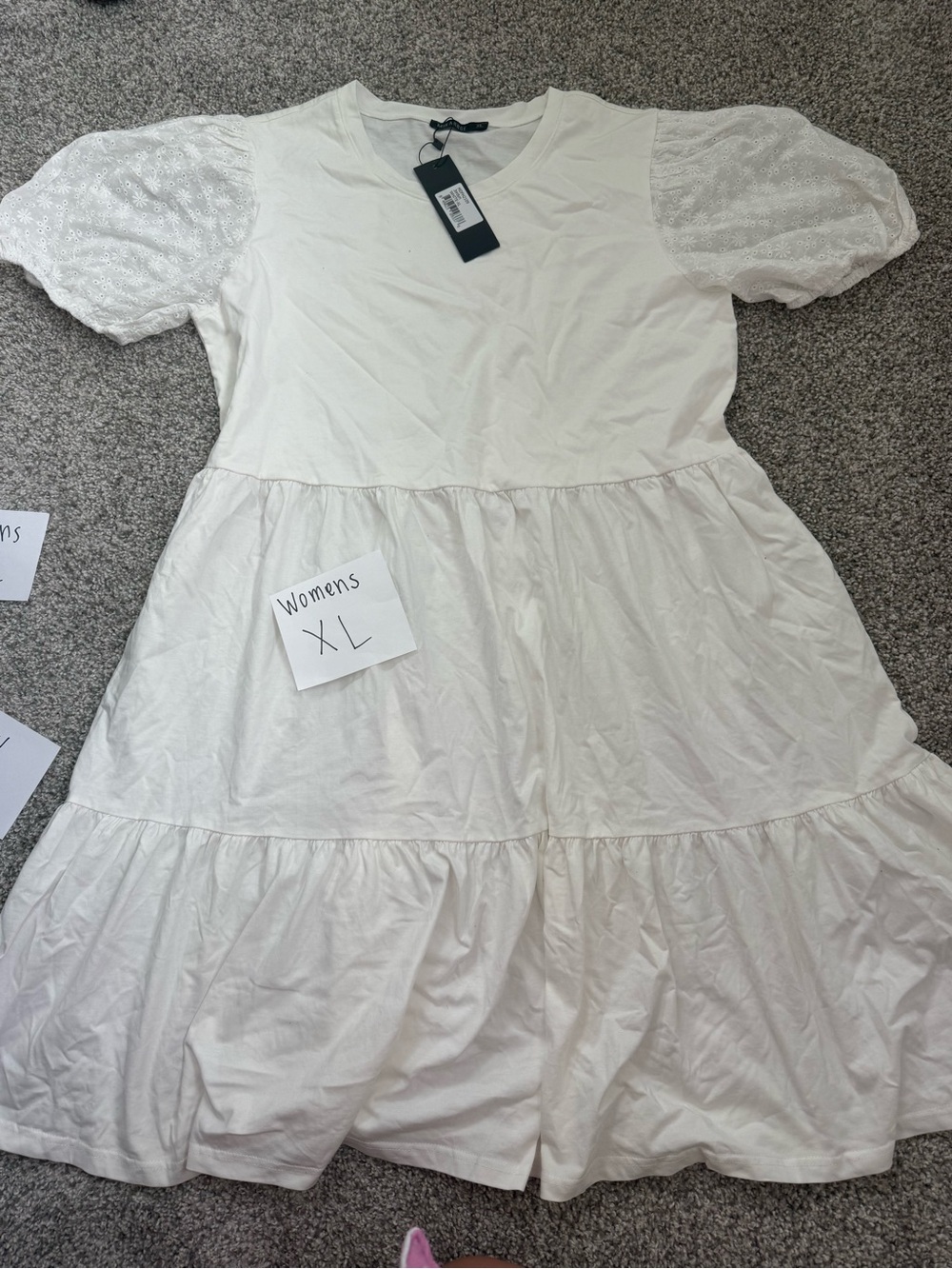 Mikarose White Tiered Puff-Sleeve Midi Dress
